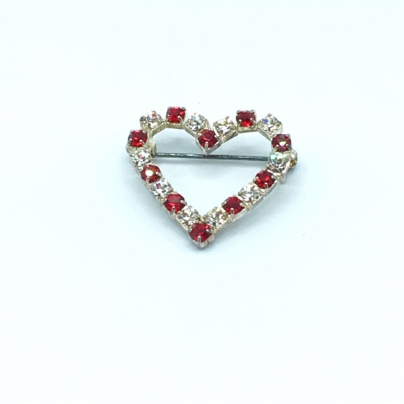 Dainty Crystal and Red Rhinestone Heart Brooch Pin - Picture 3 of 10